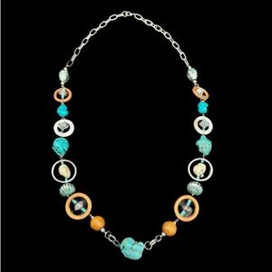 Vintage Long Turquoise Silver Wooden Bead  Necklace 34”-41”